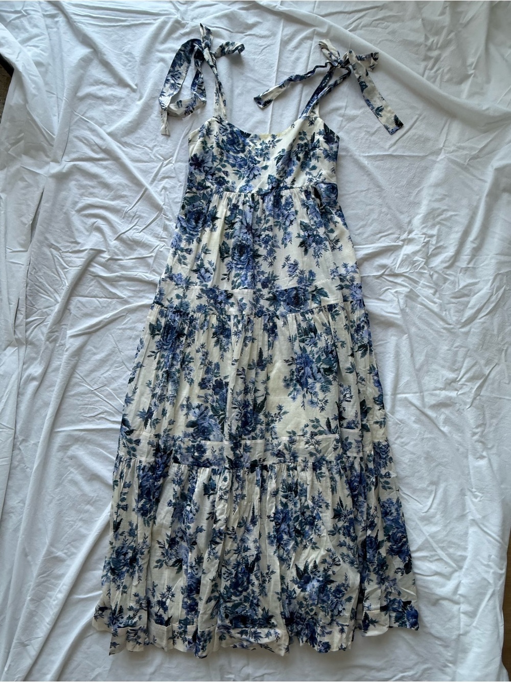 Zimmermann Cream and Blue Floral Tie-Shoulder Maxi Dress | 100% Cotton